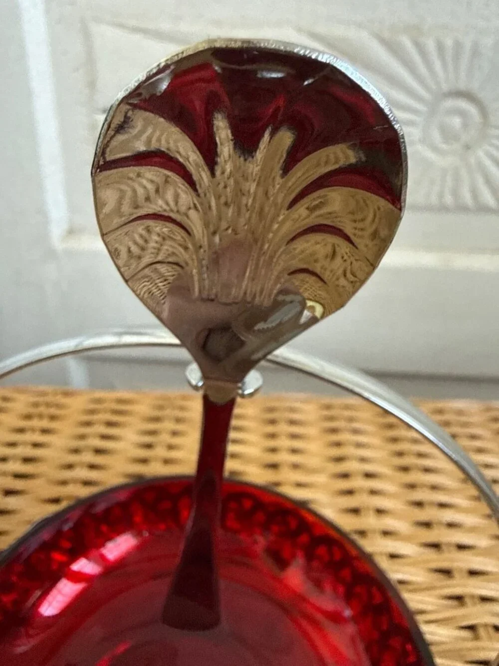 Vintage 1950s England Chrome Ruby Red Glass Condiment Dish Clam Shell Spoon